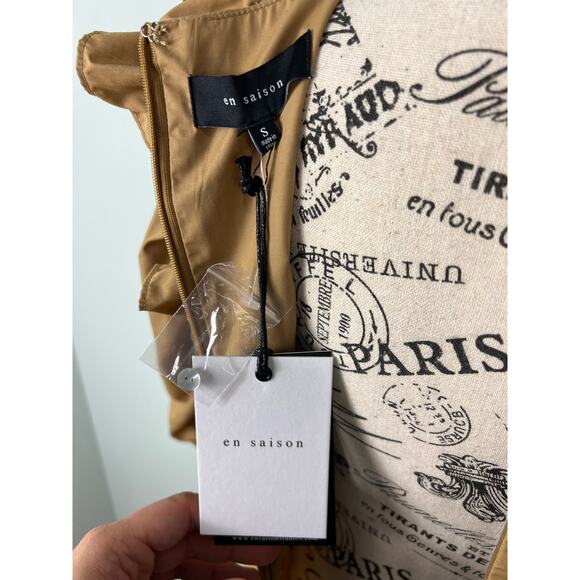 NWT En Saison mocha brown Puff Sleeve V-neck ruffle Mini Dress with Pockets - Picture 3 of 11